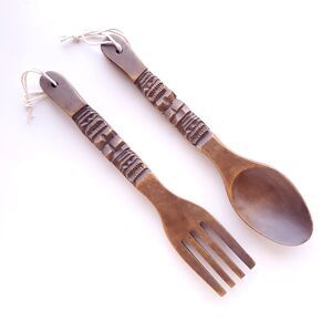 Vintage MCM Wood Hand Carved Tiki Salad Spoon & Fork Serving Set 15” Wall Decor